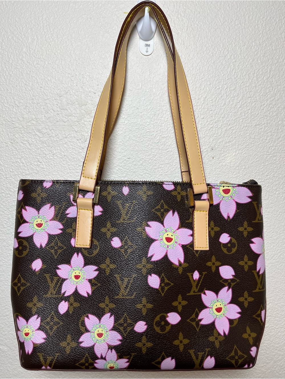 Brown Tote with Pink Floral Print Cherry Blossoms